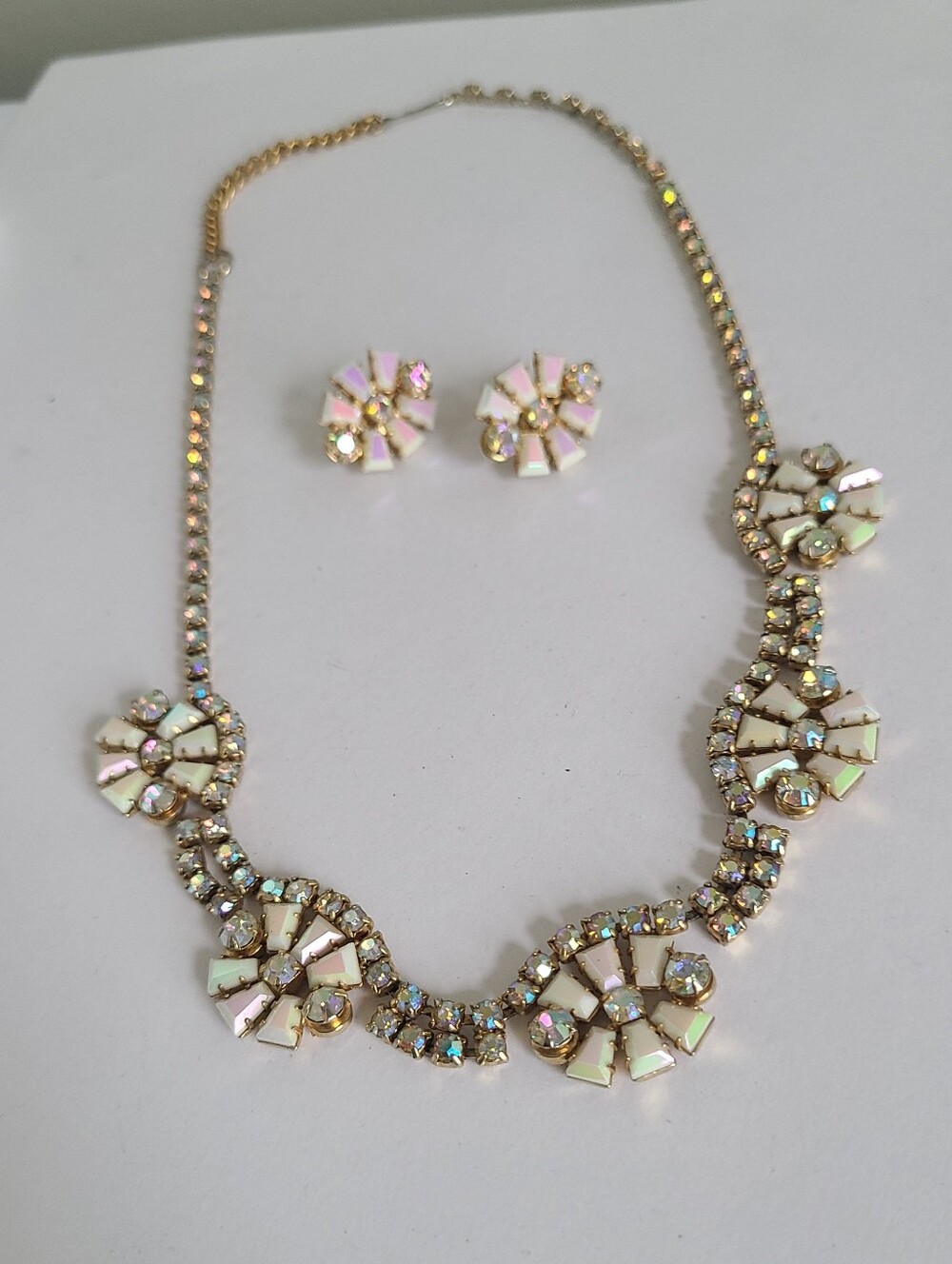 Vintage Mid Century Gold Iridescent Aurora Borealis Crystal Necklace Earrings
